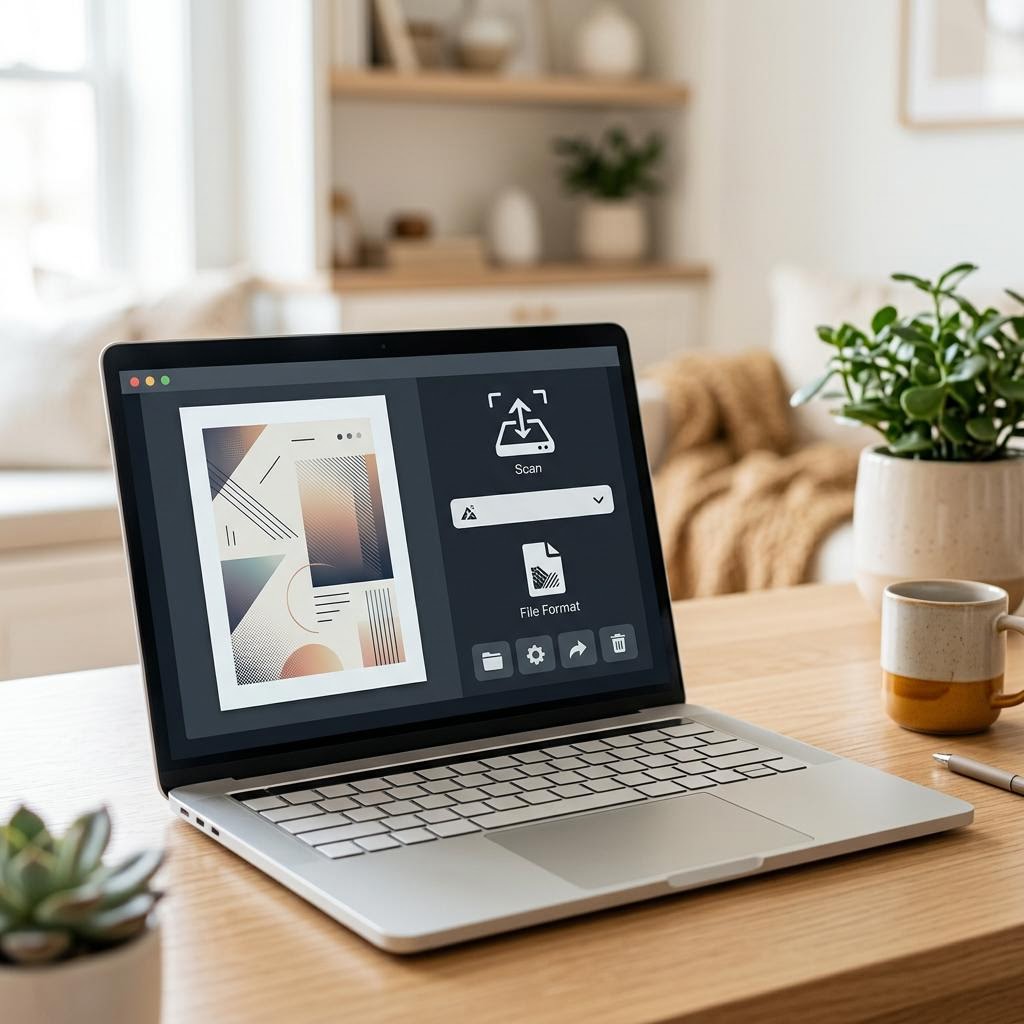 A laptop screen showing a scanning application with a printer selected and a Scan button ready