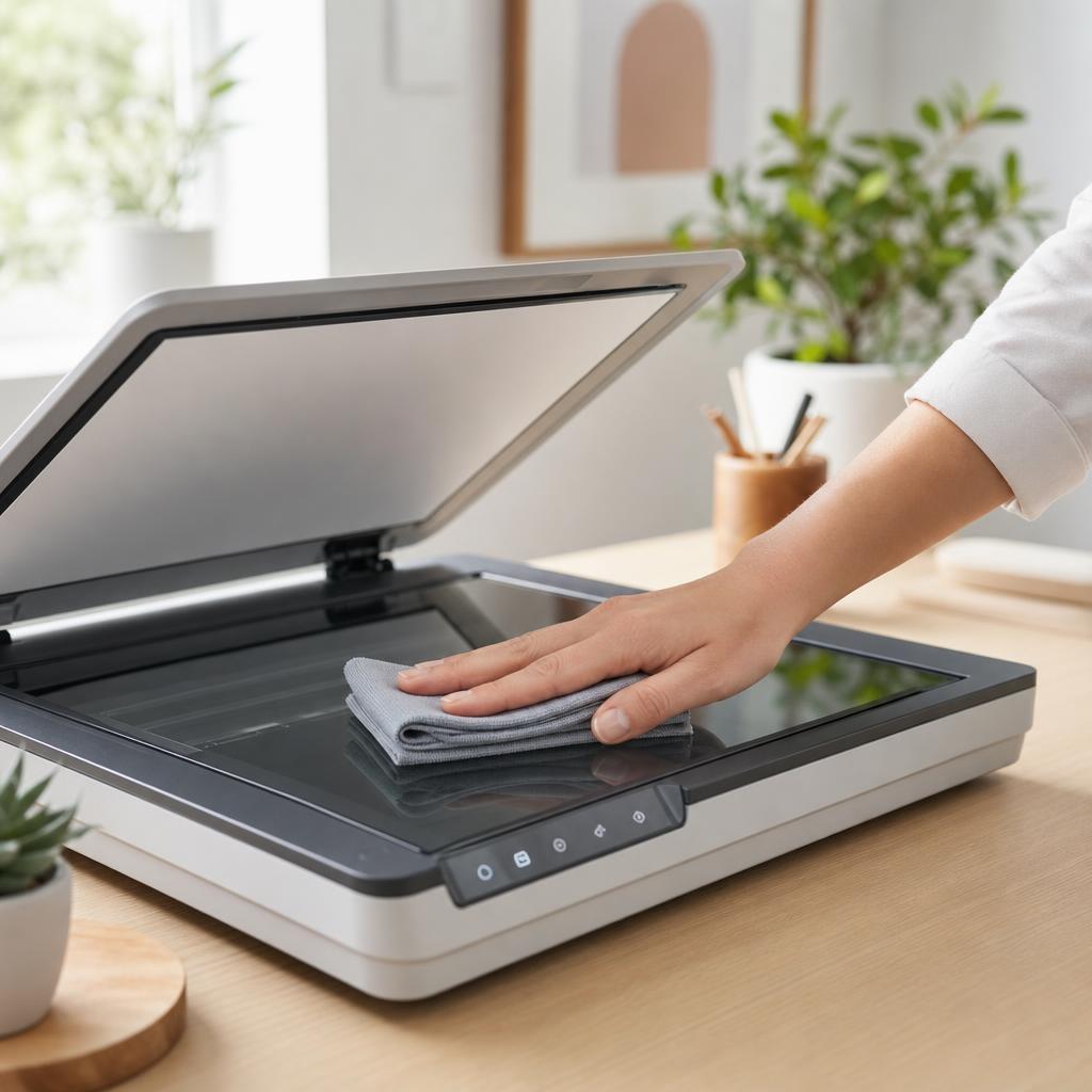 A hand gently wiping the glass of an open flatbed scanner with a folded soft microfiber cloth in bright light