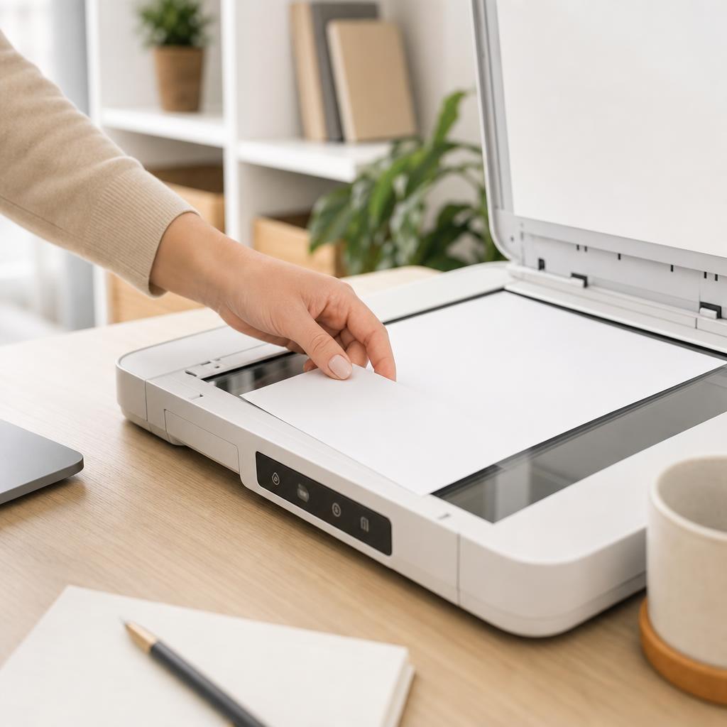 A hand placing a blank sheet of paper face-down onto the glass of an open flatbed scanner, aligned to the corner guide