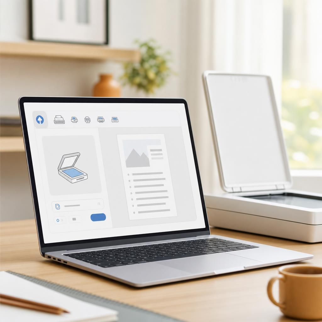 A silver laptop showing a Mac printers-and-scanners scan panel with a scanner icon, a preview area, and abstract icons only