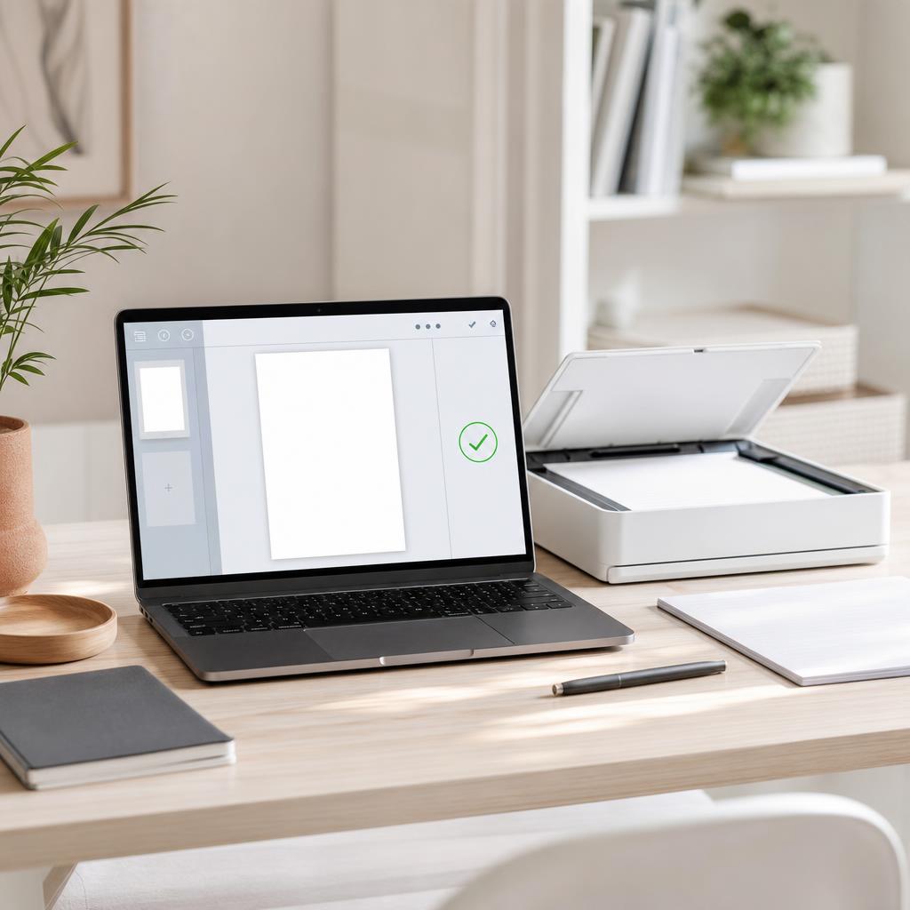 A laptop on a bright desk showing a completed scan preview with a small green checkmark icon, a white scanner beside it