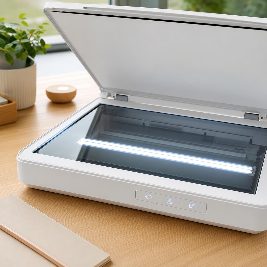 Close-up of an open flatbed scanner with the lid raised and a soft bar of scanning light glowing across the clean glass