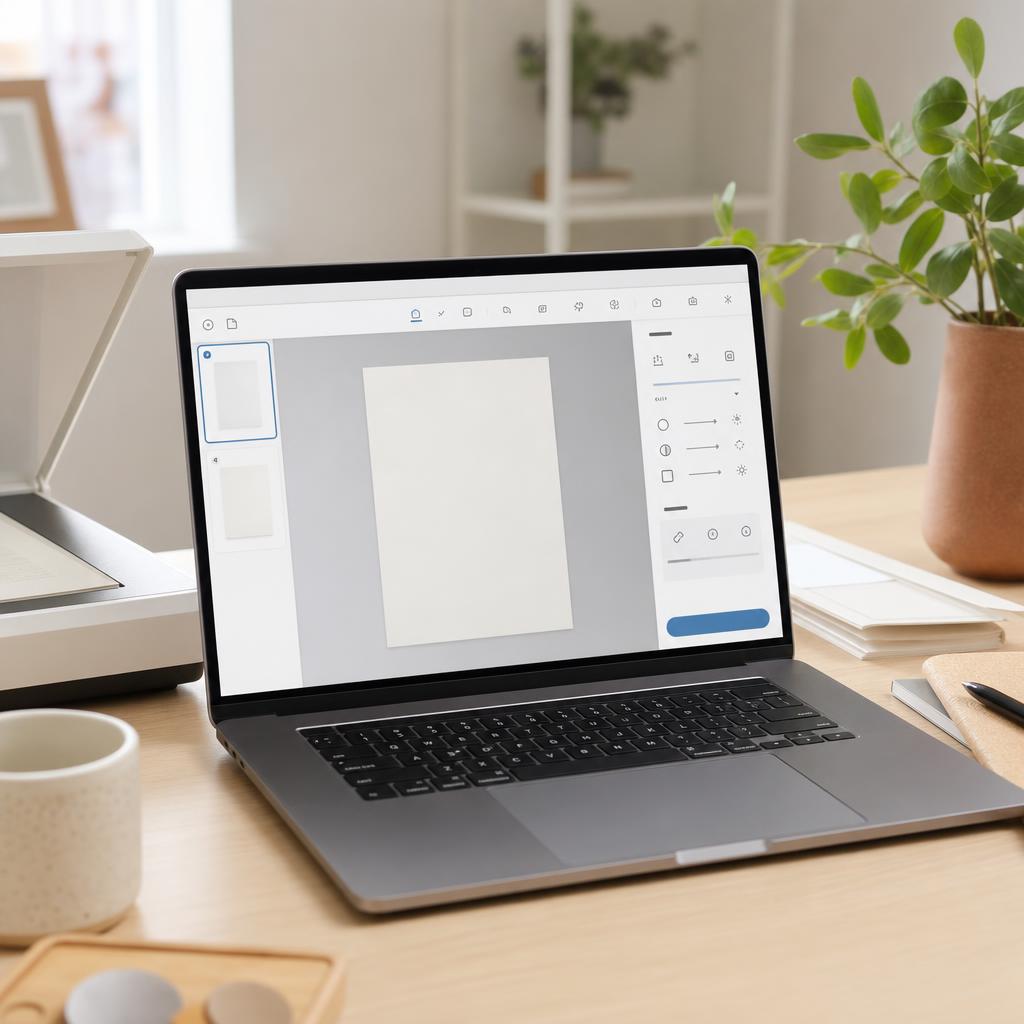 A laptop screen showing a scanning application with a large document preview pane and simple abstract toolbar icons