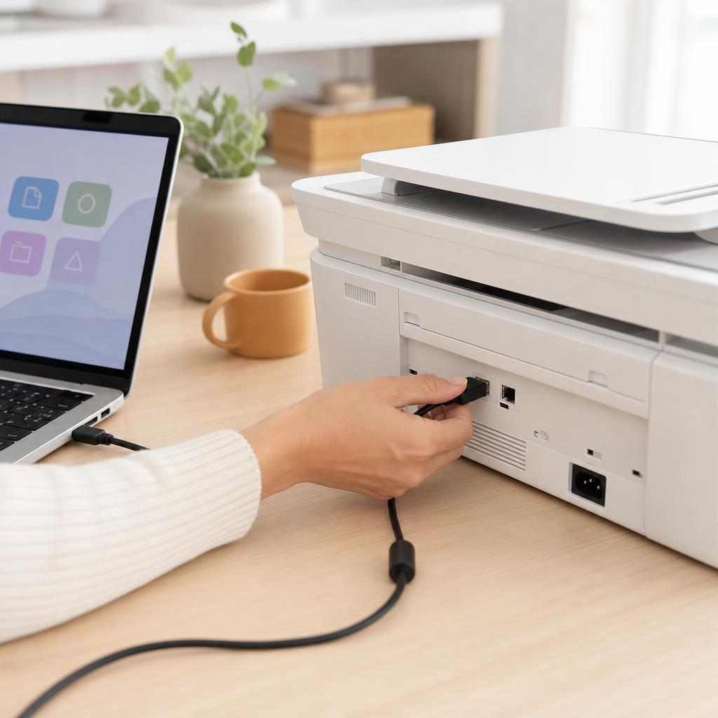 A hand plugging a USB cable into the back of a white scanner-printer next to a laptop on a bright desk