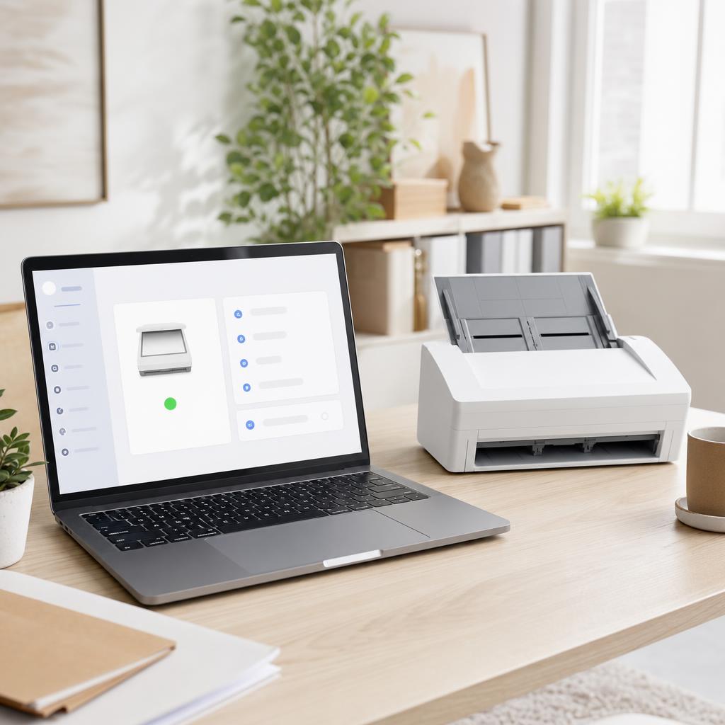 A laptop on a bright desk showing a settings screen with a scanner device tile and a green status dot, a white scanner beside it