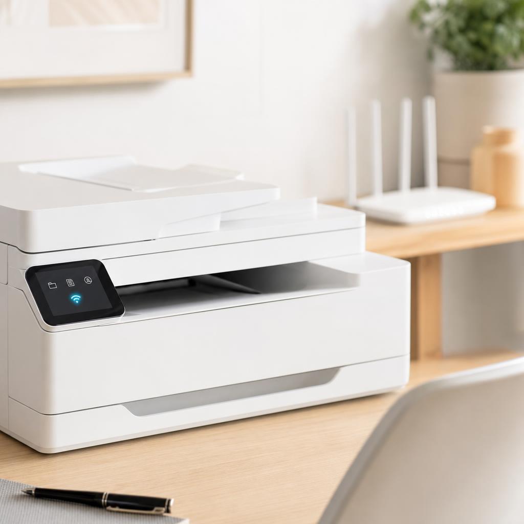 A white wireless scanner-printer on a bright desk showing a Wi-Fi icon on its panel, with a router softly out of focus behind it