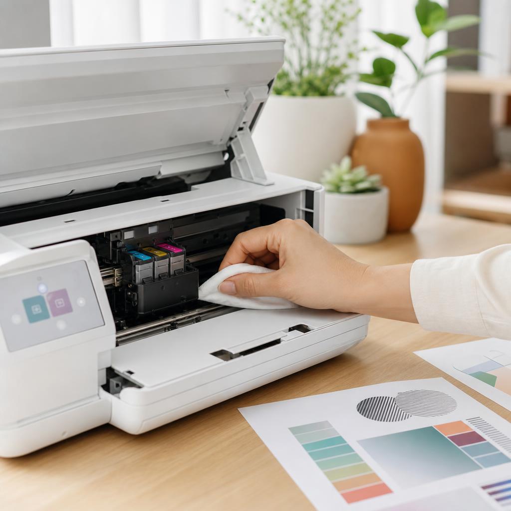 A hand gently cleaning dried ink from around the colour cartridges seated in an open inkjet printer carriage