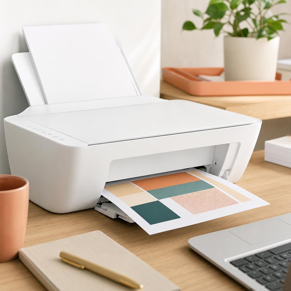 A white printer feeding out a clean, sharp printed page with crisp text and even colour, no smudges or marks