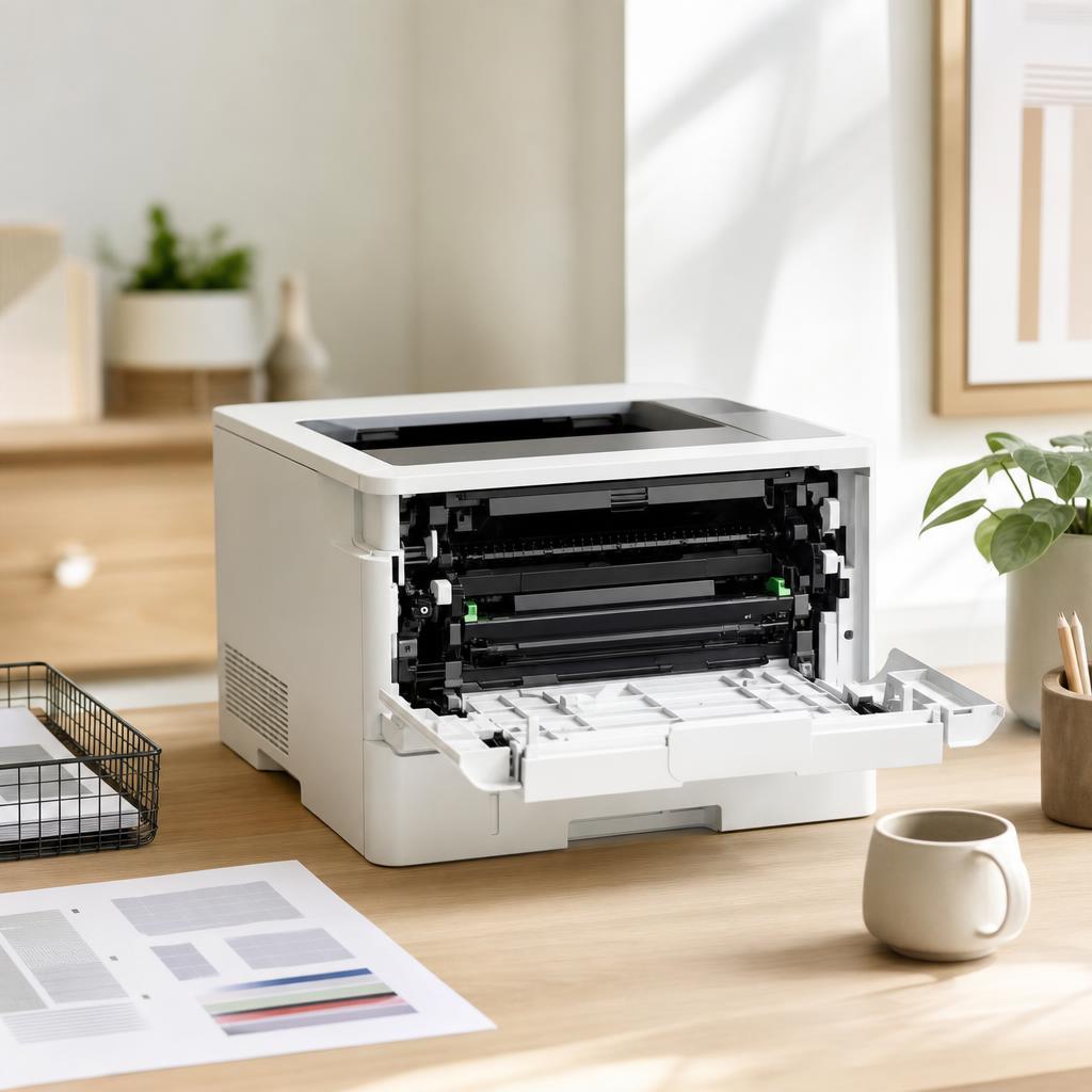 A white laser printer switched off with its front cover open, cooling down before inspection, on a bright desk