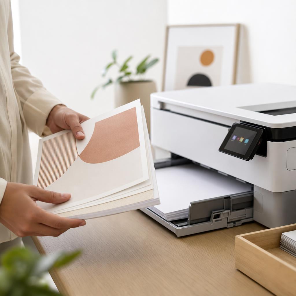 Hands loading a neat stack of fresh white paper into a printer tray with the paper guides set snugly against the edges