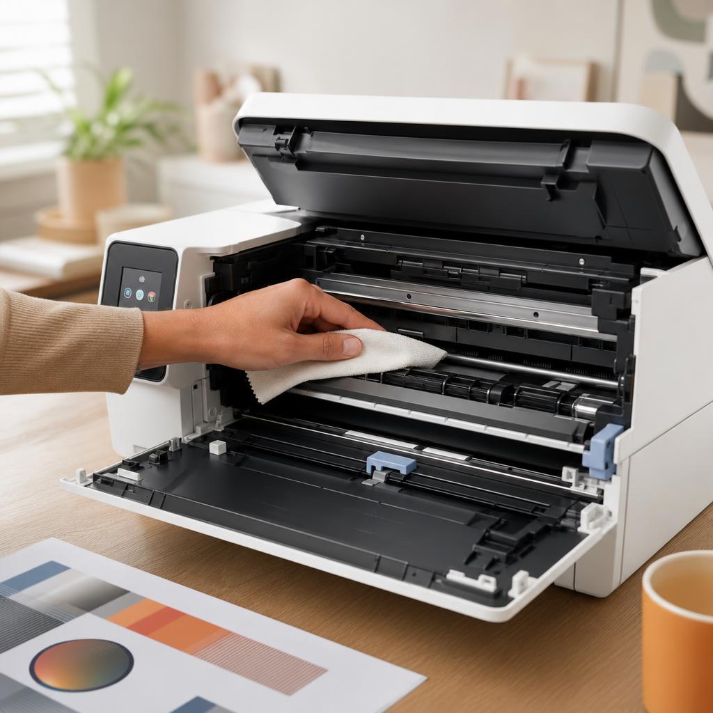 A hand wiping the internal paper-path guides and rollers of an open printer through the rear access door