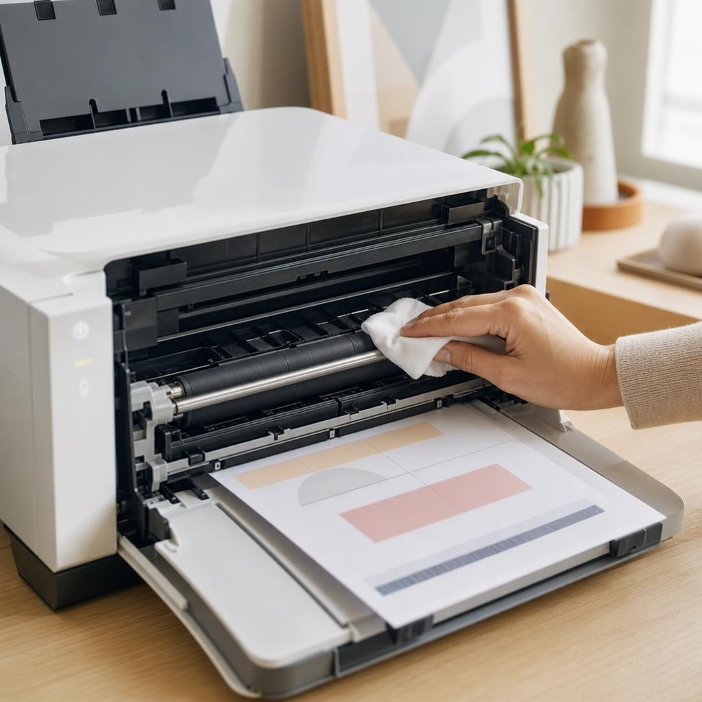 A hand wiping the grey rubber feed rollers inside an open printer with a lint-free cloth