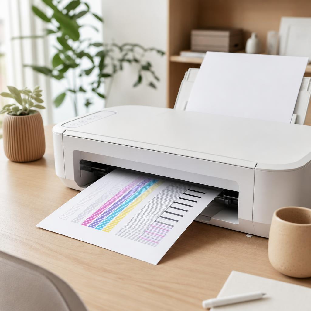 A printer feeding out an alignment test sheet covered in neat rows of line patterns and calibration bars, with no text