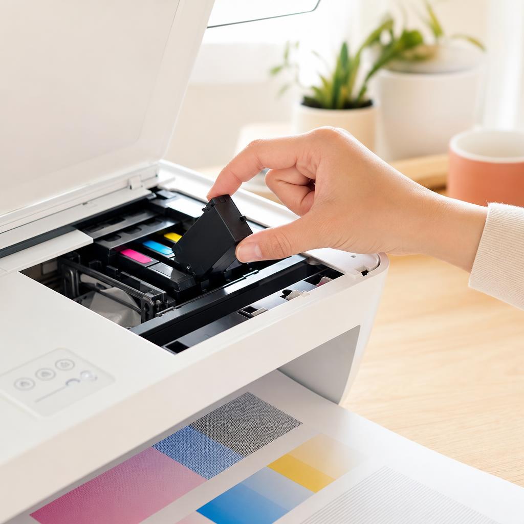 A hand lifting an inkjet cartridge from the centred carriage of an open white printer to inspect the nozzle plate underneath