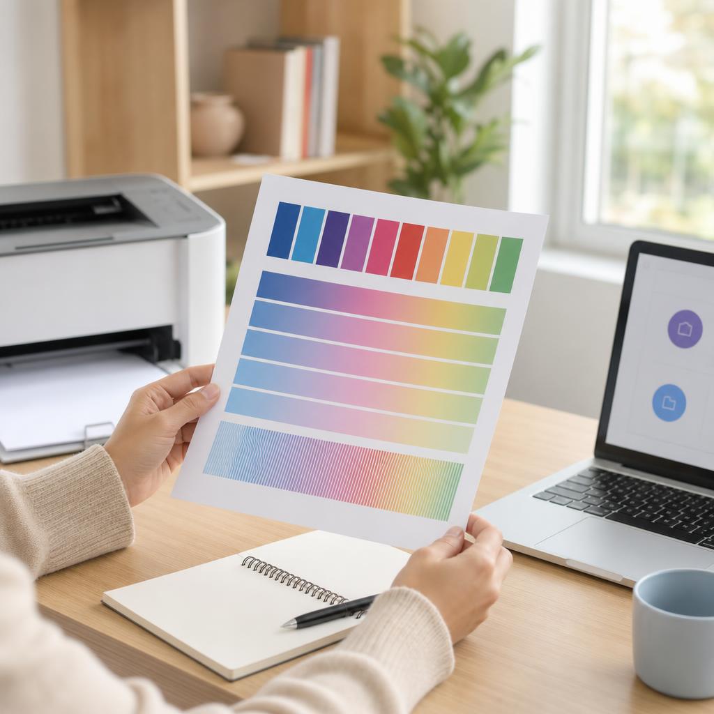 A white printer feeding out a clean, sharp page with smooth even shading and no streaks or lines, on a bright desk