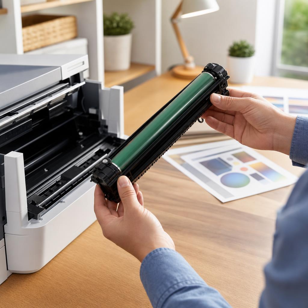 Two hands holding a black laser drum and toner unit at an angle to inspect its roller surface for scratches beside an open laser printer