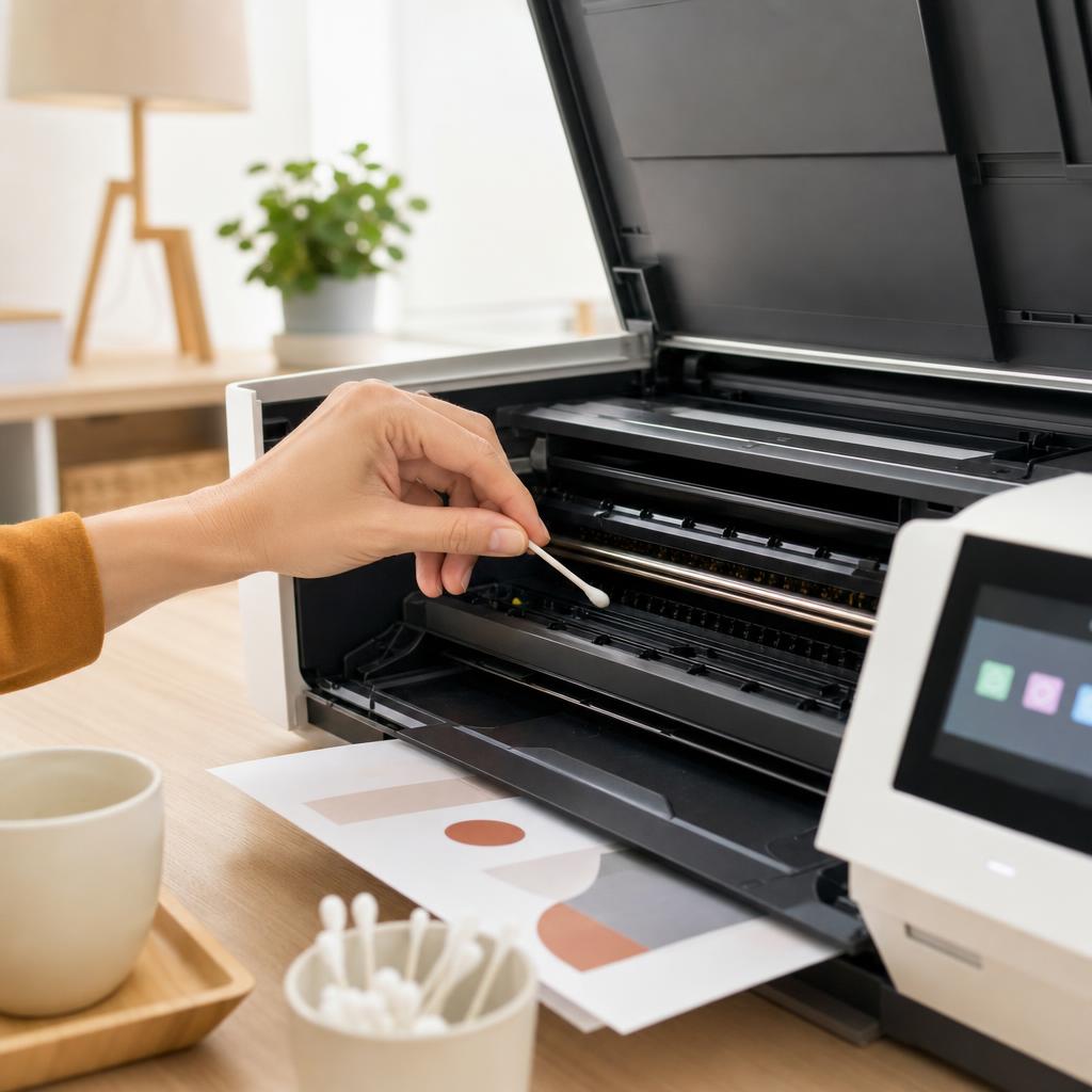 A hand gently wiping the thin transparent timing strip inside an open inkjet printer with a soft cloth, the carriage moved aside