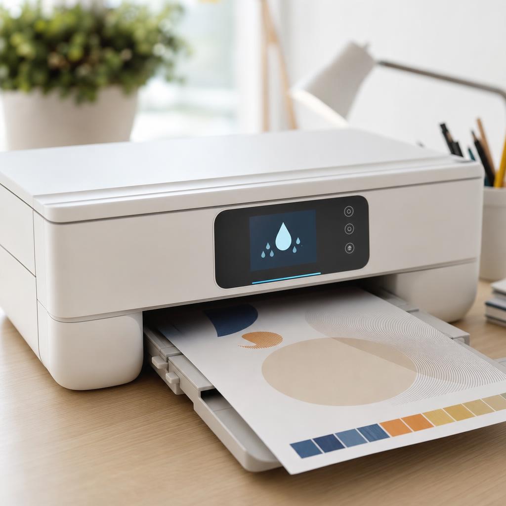 A white inkjet printer running a maintenance cleaning cycle, its control-panel screen showing a simple droplet icon, a laptop beside it