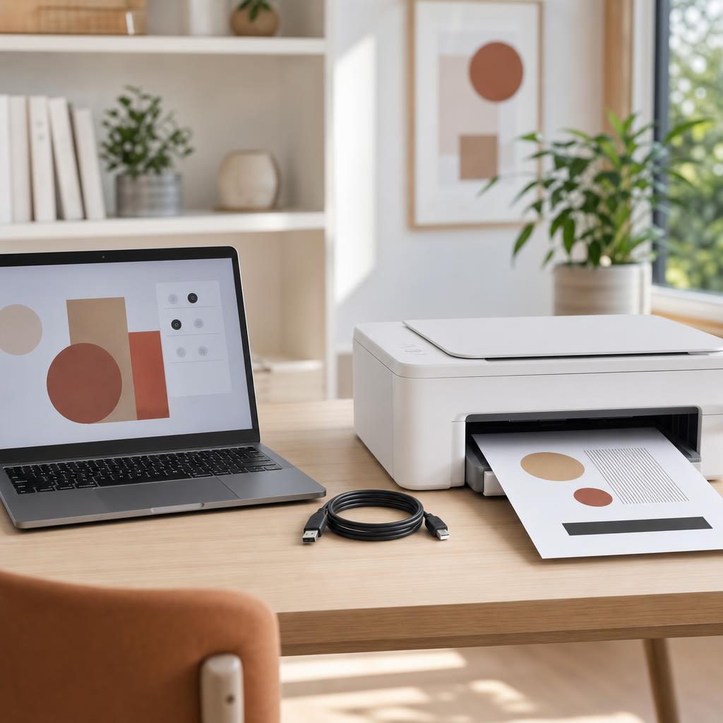 A tidy desk with a white printer, a Windows laptop, a USB cable coiled to one side, and a Wi-Fi router in the background