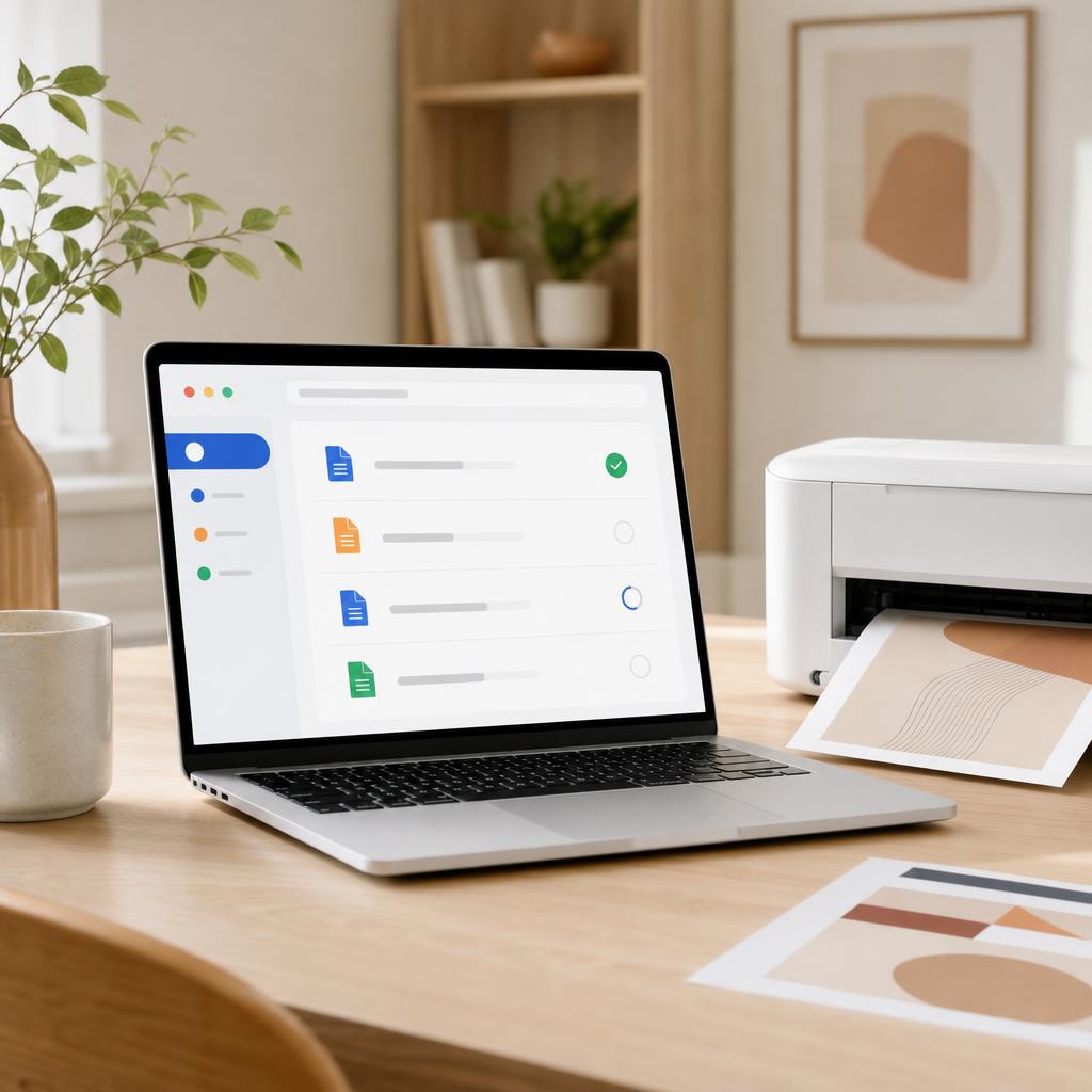 A Windows print queue window showing an empty job list with the printer marked as Ready, set as the default printer