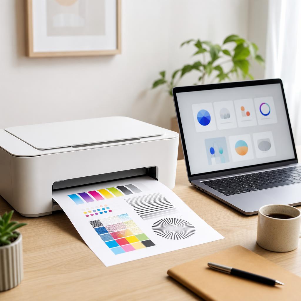 A white printer feeding out a freshly printed Windows test page into the output tray, a laptop print dialog beside it