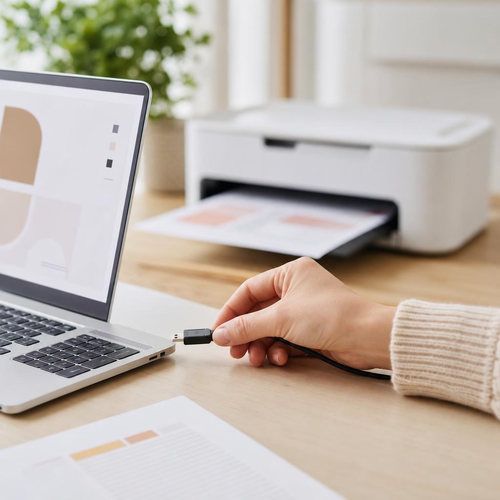 A hand plugging a USB printer cable into the back of a white printer, the other end running to a laptop on the desk