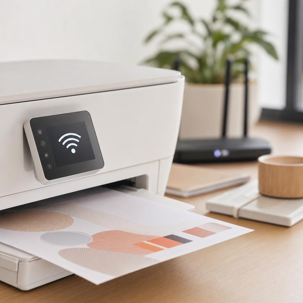 A white printer’s touchscreen showing a Wi-Fi network list during wireless setup, a router visible in the background