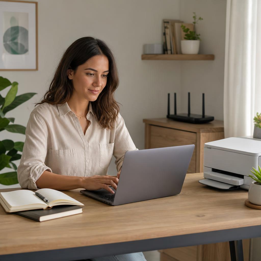 Person sitting at a modern desk with a laptop, notebook, and printer, in a calm educational workspace