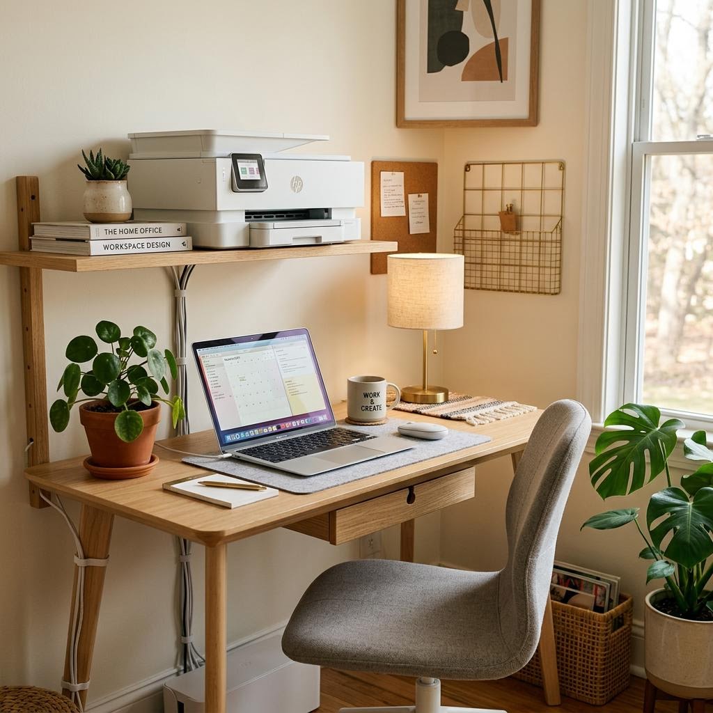 Well-organised home office corner with a modern printer on a shelf, laptop, tidy cable management, and indoor plants in warm ambient light