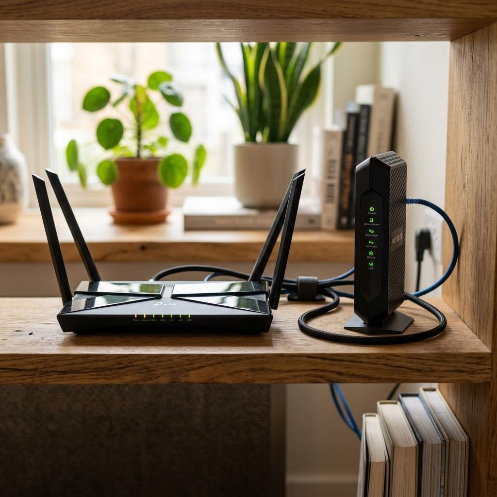 Modern dual-band WiFi router and cable modem on a wooden shelf with glowing indicator lights, representing a complete home network setup