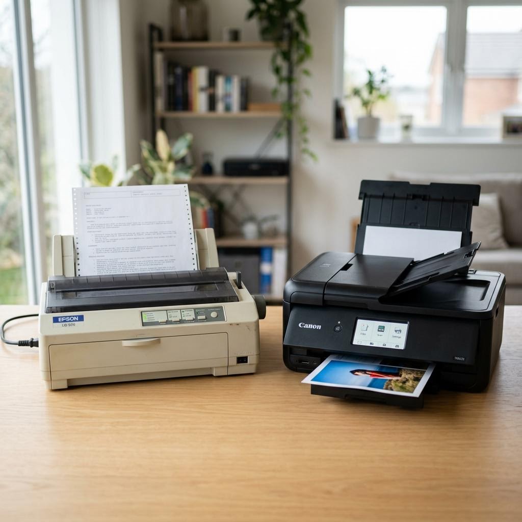 Classic inkjet printer beside a modern wireless all-in-one printer on a clean surface, showing the evolution of printing technology