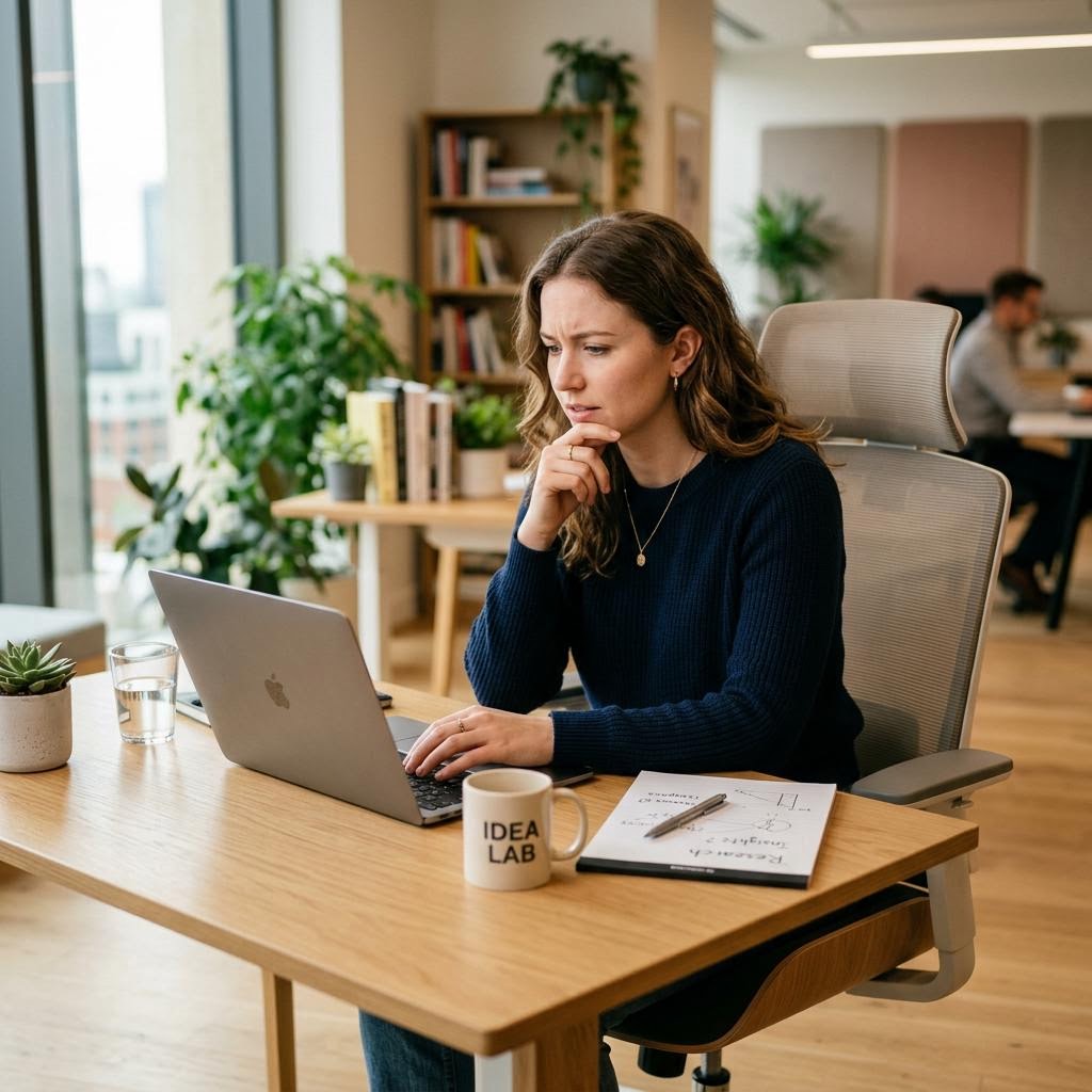 Person sitting at a laptop with a thoughtful, questioning expression and hand on chin in a modern clean workspace