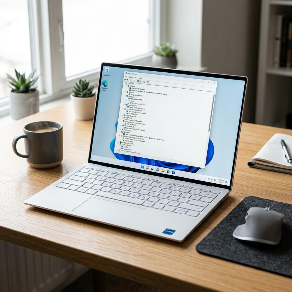 Laptop displaying Windows Device Manager with an expanded list of hardware device categories on a clean desk