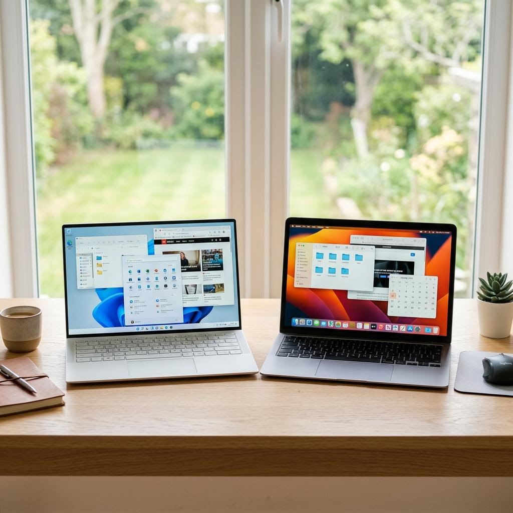 Two laptops open side by side — one showing Windows 11 and one showing macOS — on a clean desk with natural lighting