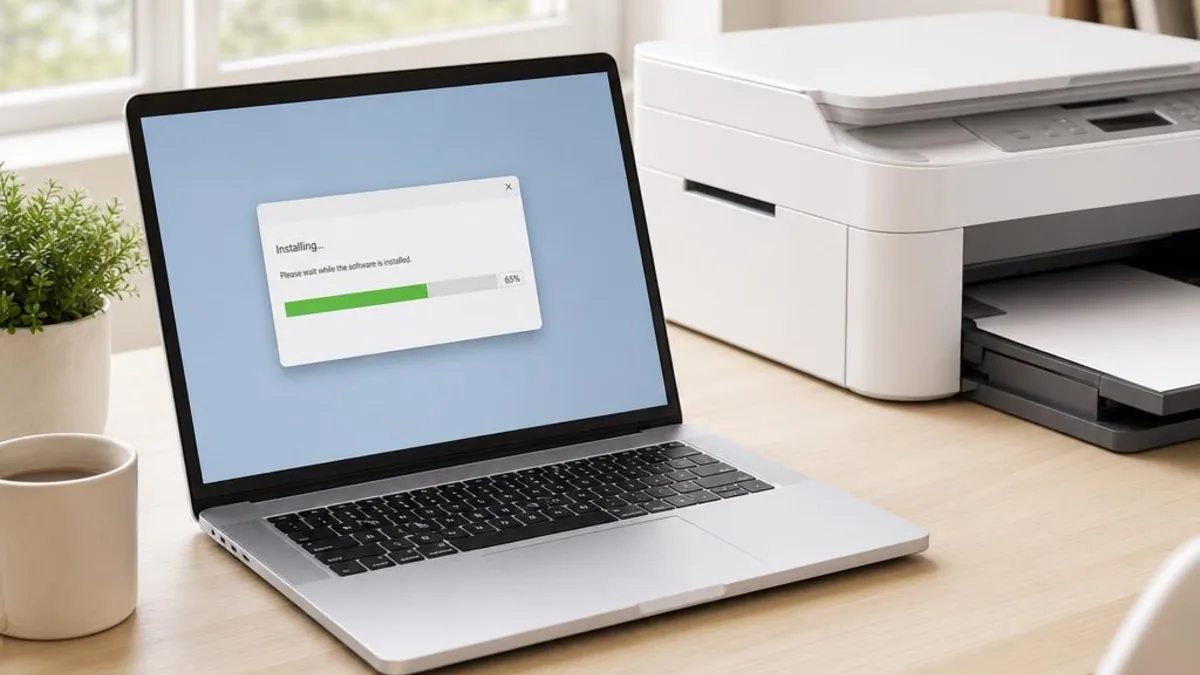 A laptop installing printer software with a progress bar on screen, next to a white printer on a bright desk