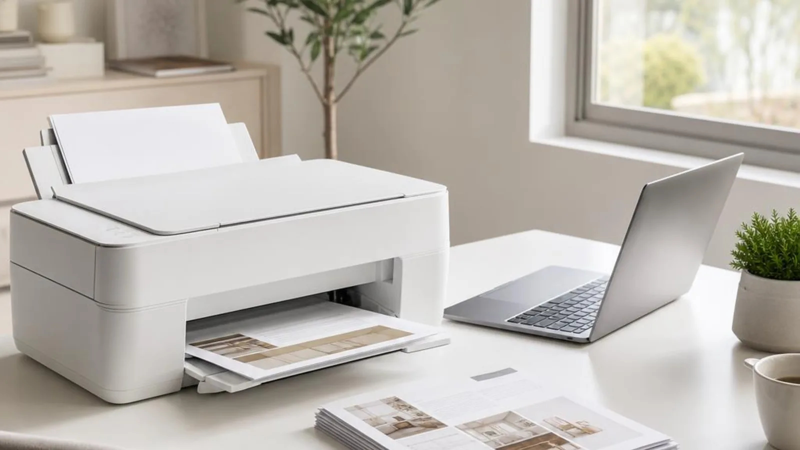 A modern white printer on a bright desk beside a laptop, printed documents and a smartphone in a clean home office