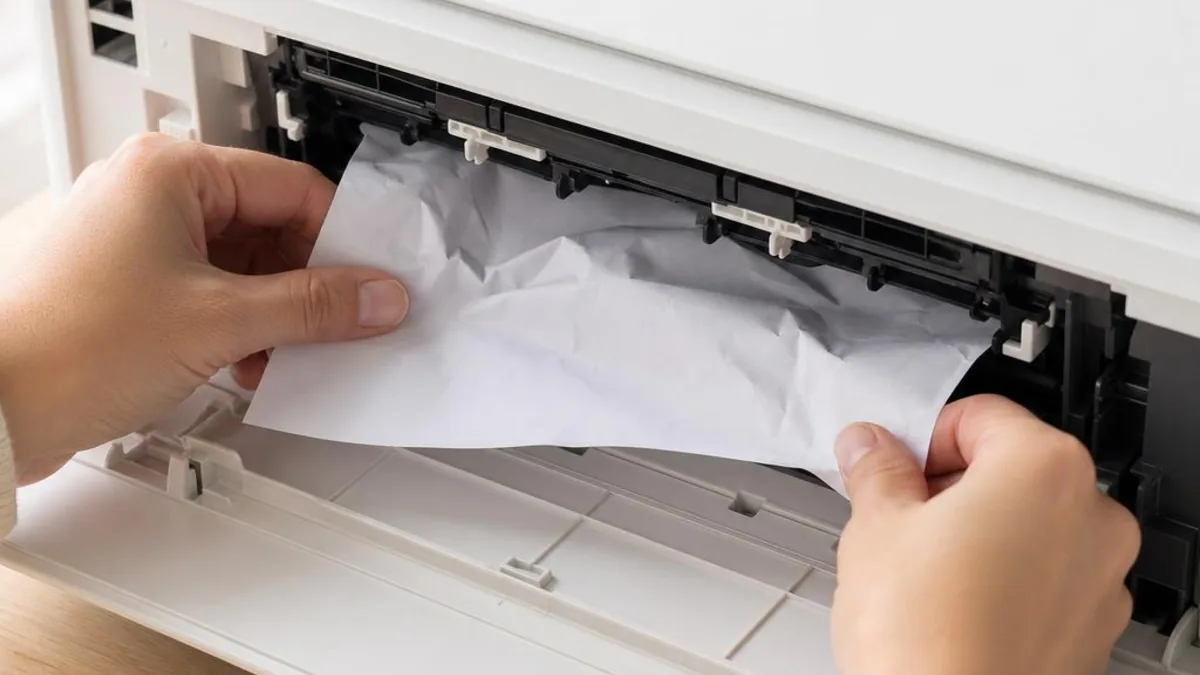 Close-up of hands carefully removing a jammed sheet of paper from inside an open white printer