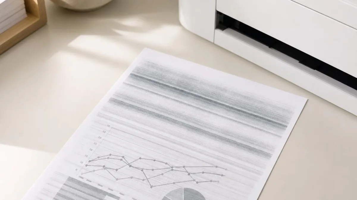A printed page showing faded, streaky text with visible banding, lying on a bright desk beside a white printer