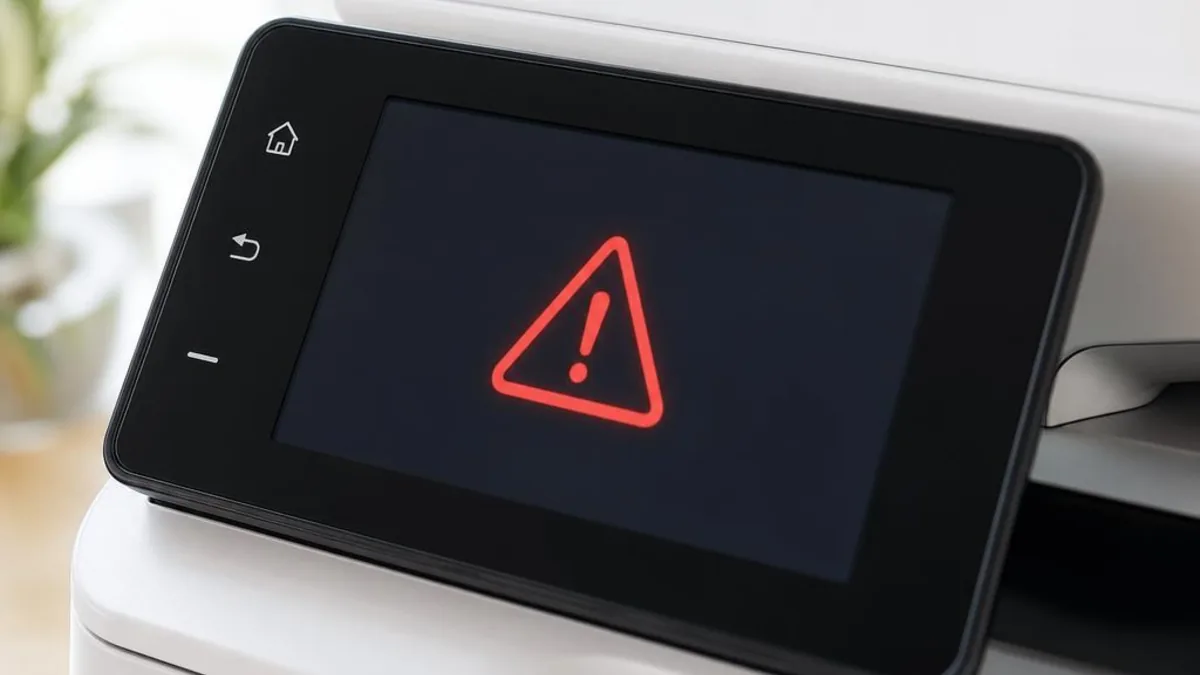 Close-up of a printer's control panel display showing a warning error alert icon