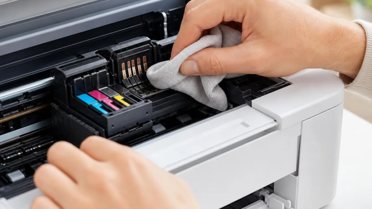 Close-up of hands cleaning the printhead of an open white printer with a soft cloth