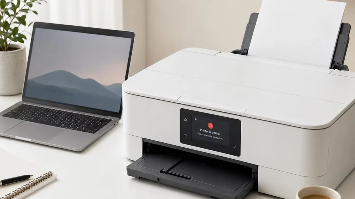 A modern white printer on a bright desk showing an offline status on its control screen, with a laptop nearby