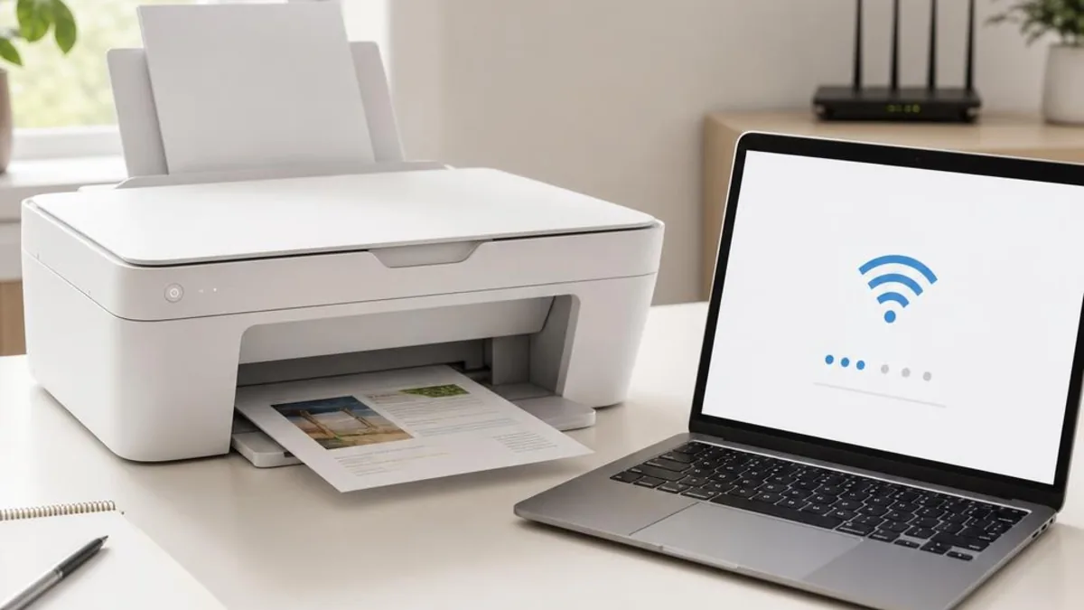 A white printer and a laptop on a bright desk during wireless setup, with a Wi-Fi router in the background