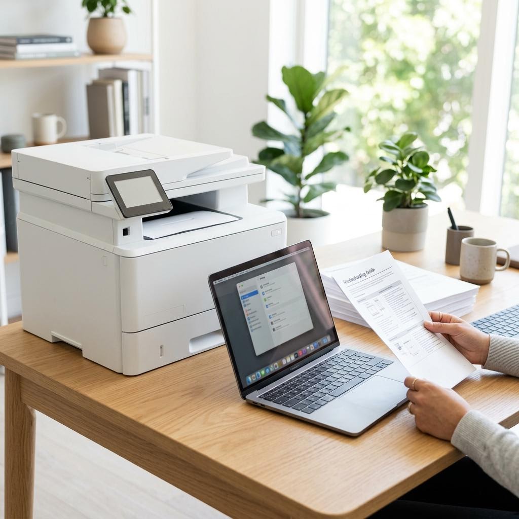 A tidy office workspace with a printer beside a laptop showing printer settings, printed documents, and a person reviewing a troubleshooting guide
