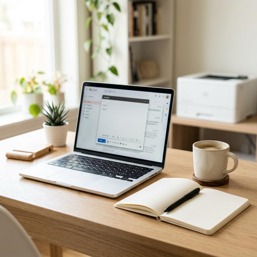 A tidy workspace with a laptop, a notebook and pen, and a printer on a bright desk